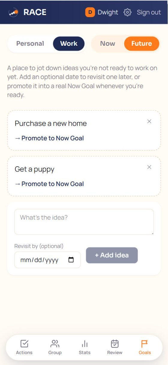 Future goals parked, each with a Promote to Now Goal option